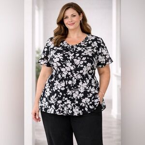 Josephine Chaus Black White Floral Tiered Blouse Top Size 16W